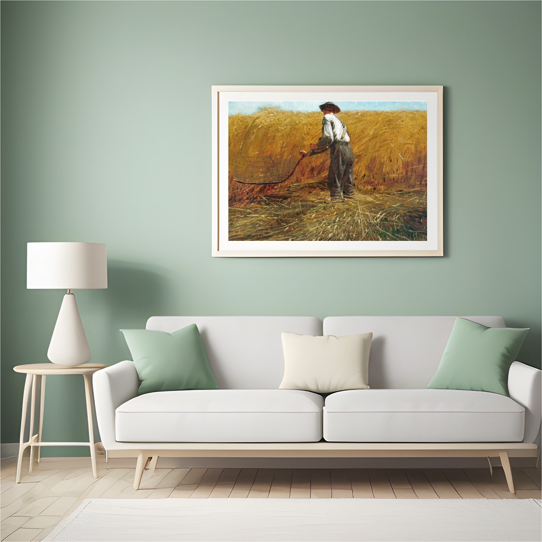 Bask in the tranquil beauty of a bygone era with this evocative landscape depicting a farmer at for Hall