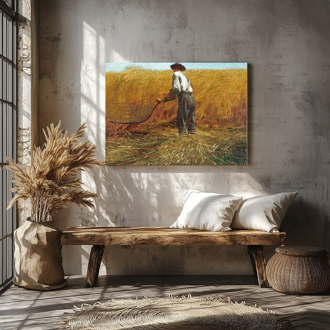 Bask in the tranquil beauty of a bygone era with this evocative landscape depicting a farmer at for Veranda