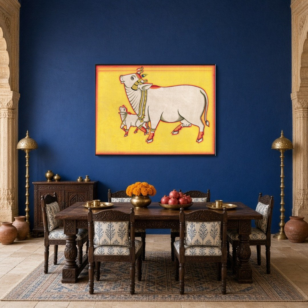 Discover the enchanting presence of the Kamdhenu and her calf in this vibrant Pichwai artwork, for Dining