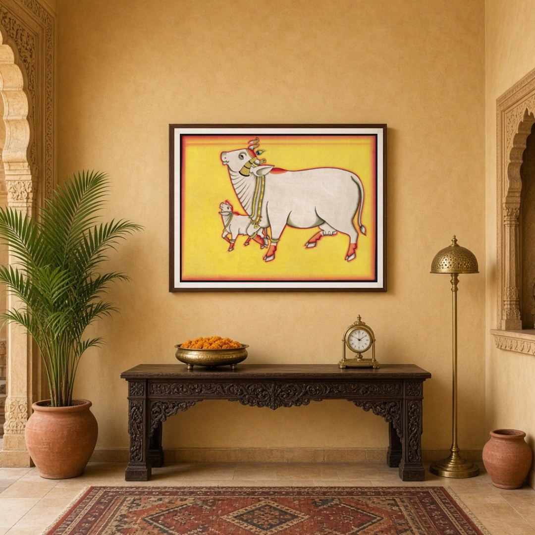 Discover the enchanting presence of the Kamdhenu and her calf in this vibrant Pichwai artwork, for Entrance