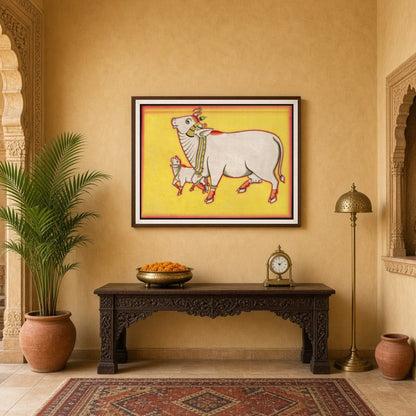 Discover the enchanting presence of the Kamdhenu and her calf in this vibrant Pichwai artwork, for Entrance