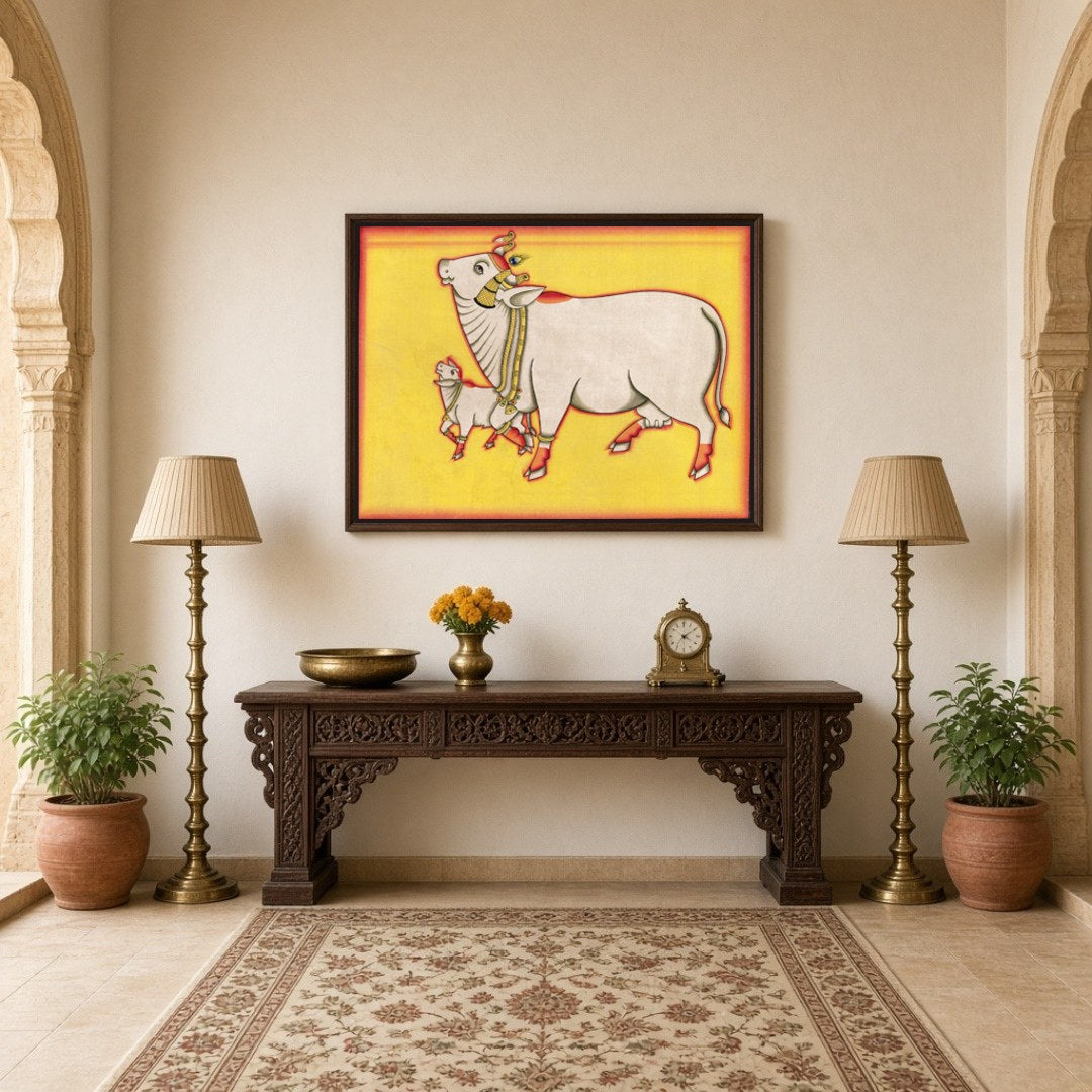 Discover the enchanting presence of the Kamdhenu and her calf in this vibrant Pichwai artwork, for Hallway