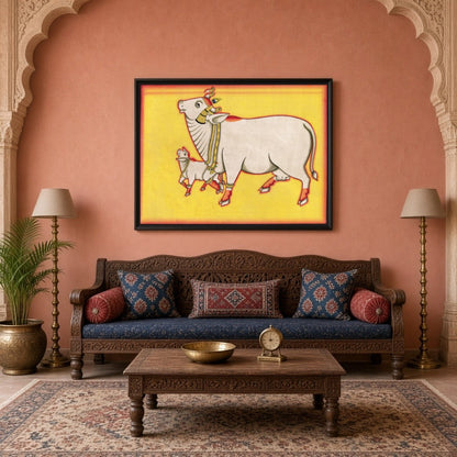 Discover the enchanting presence of the Kamdhenu and her calf in this vibrant Pichwai artwork, for Living Room