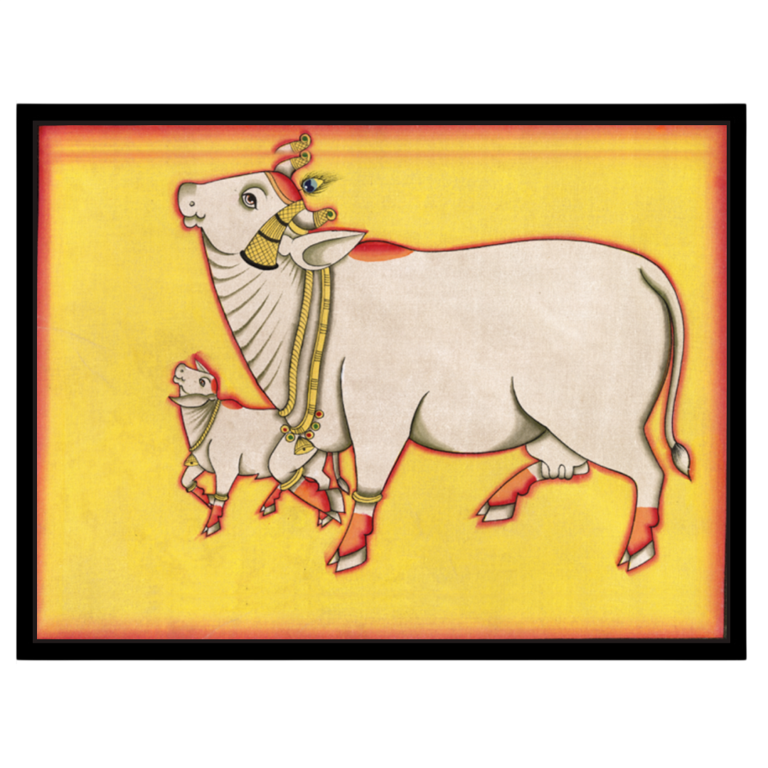Discover the enchanting presence of the Kamdhenu and her calf in this vibrant Pichwai artwork, for room