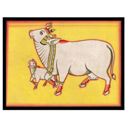 Discover the enchanting presence of the Kamdhenu and her calf in this vibrant Pichwai artwork, for room