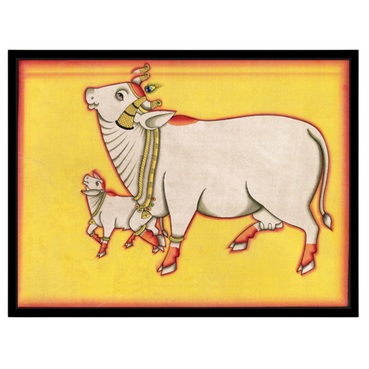 Discover the enchanting presence of the Kamdhenu and her calf in this vibrant Pichwai artwork, for room