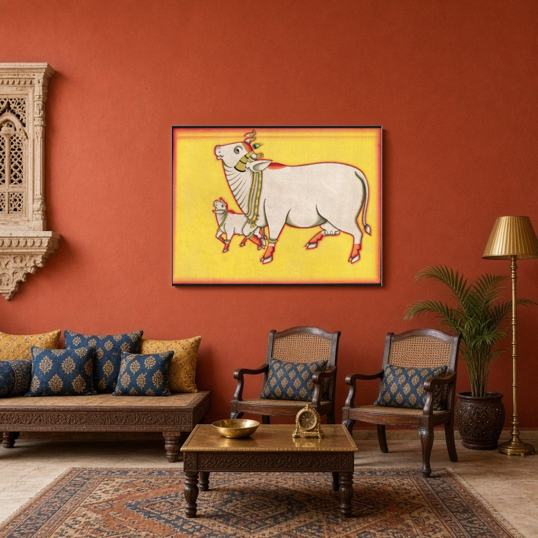 Discover the enchanting presence of the Kamdhenu and her calf in this vibrant Pichwai artwork, for Sitting Area