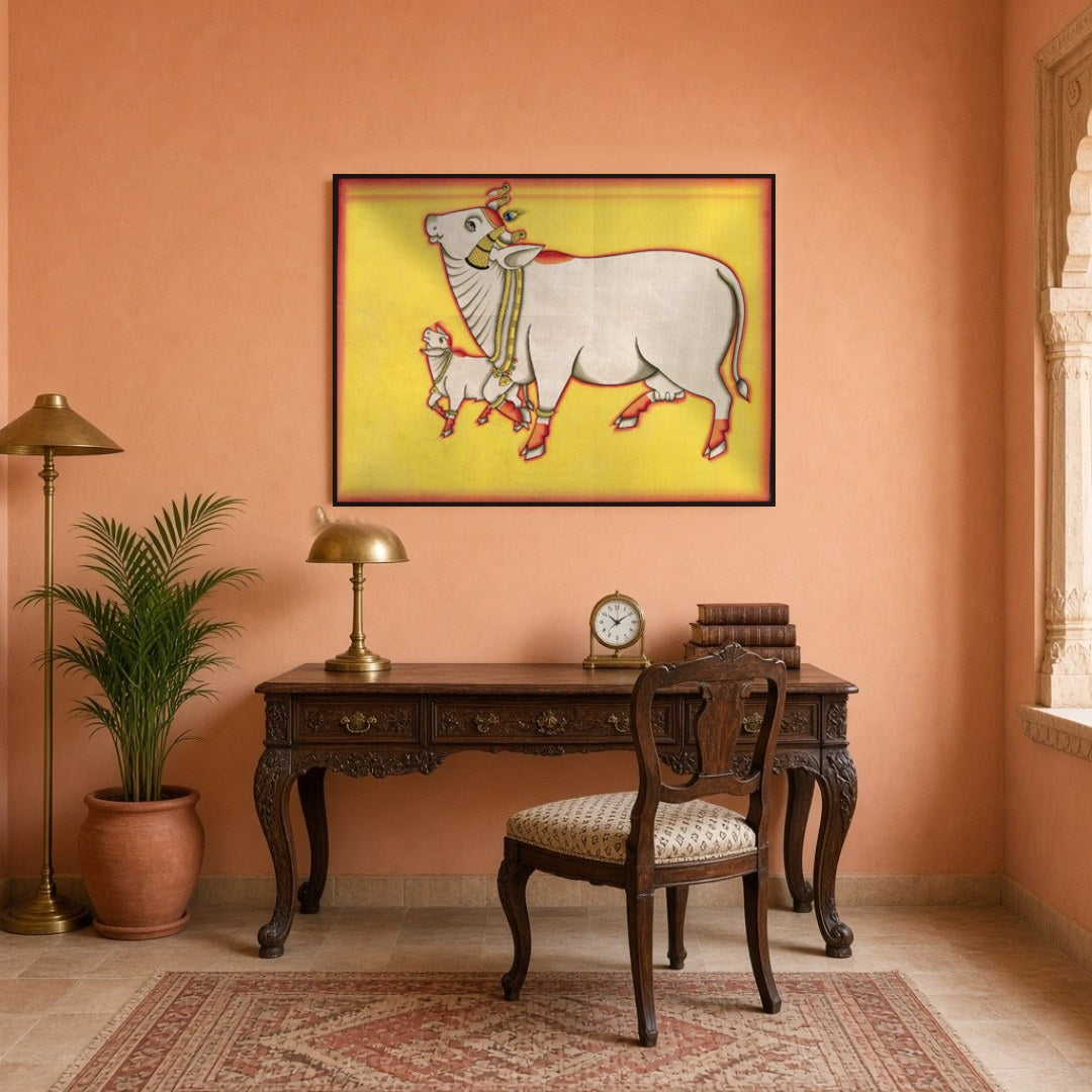 Discover the enchanting presence of the Kamdhenu and her calf in this vibrant Pichwai artwork, for Study