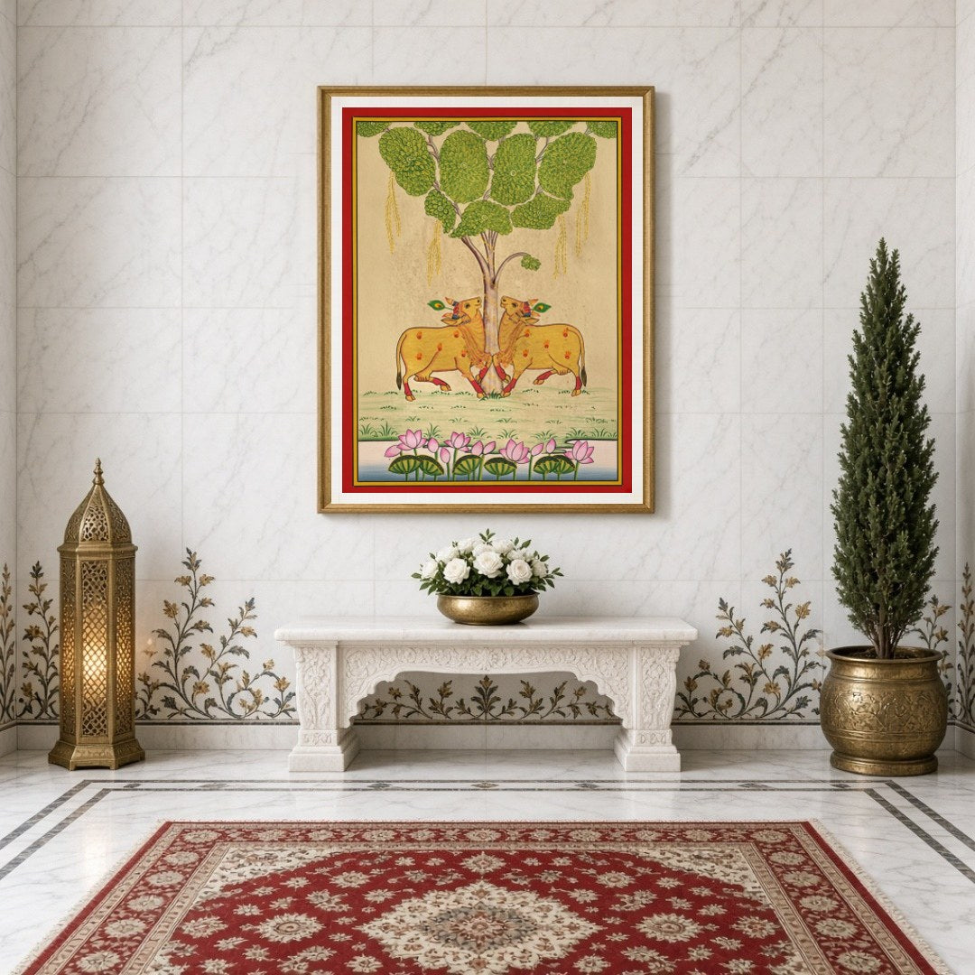 Embrace the elegance of traditional Pichwai art with this exquisite depiction of Kamdhenu cows for Entrance