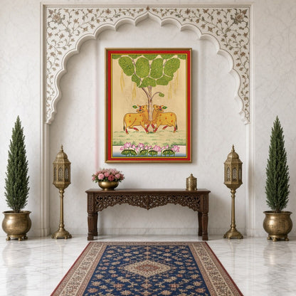 Embrace the elegance of traditional Pichwai art with this exquisite depiction of Kamdhenu cows for Hallway