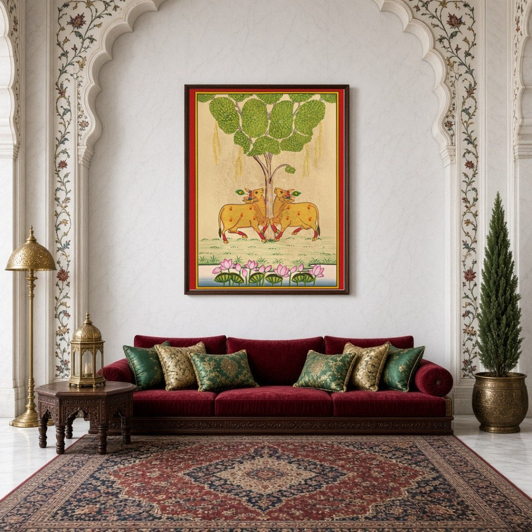 Embrace the elegance of traditional Pichwai art with this exquisite depiction of Kamdhenu cows for Living Room