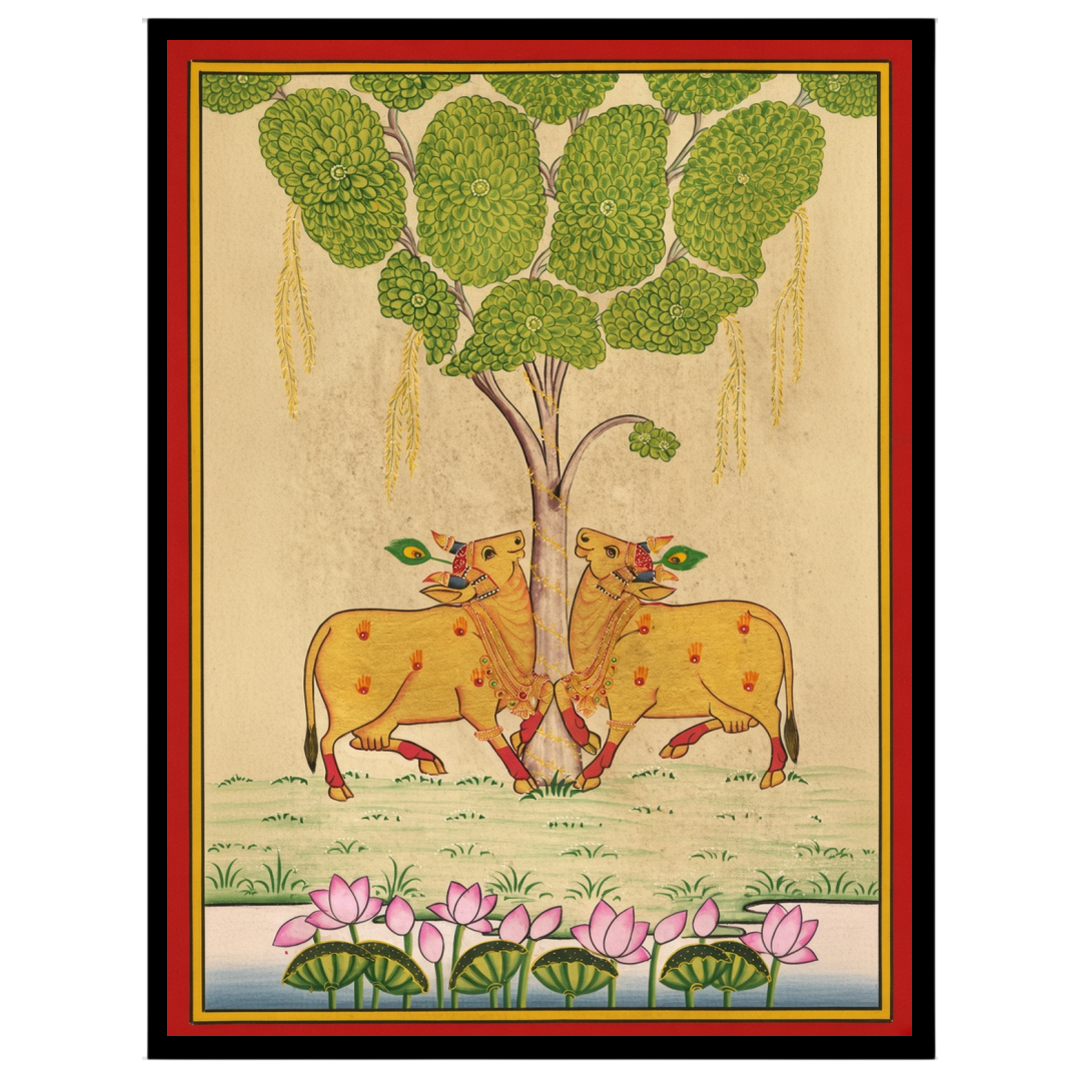 Embrace the elegance of traditional Pichwai art with this exquisite depiction of Kamdhenu cows for sanctuary