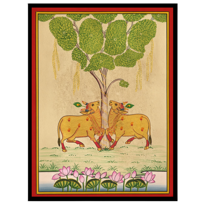 Embrace the elegance of traditional Pichwai art with this exquisite depiction of Kamdhenu cows for sanctuary