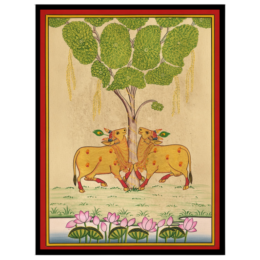 Embrace the elegance of traditional Pichwai art with this exquisite depiction of Kamdhenu cows for sanctuary