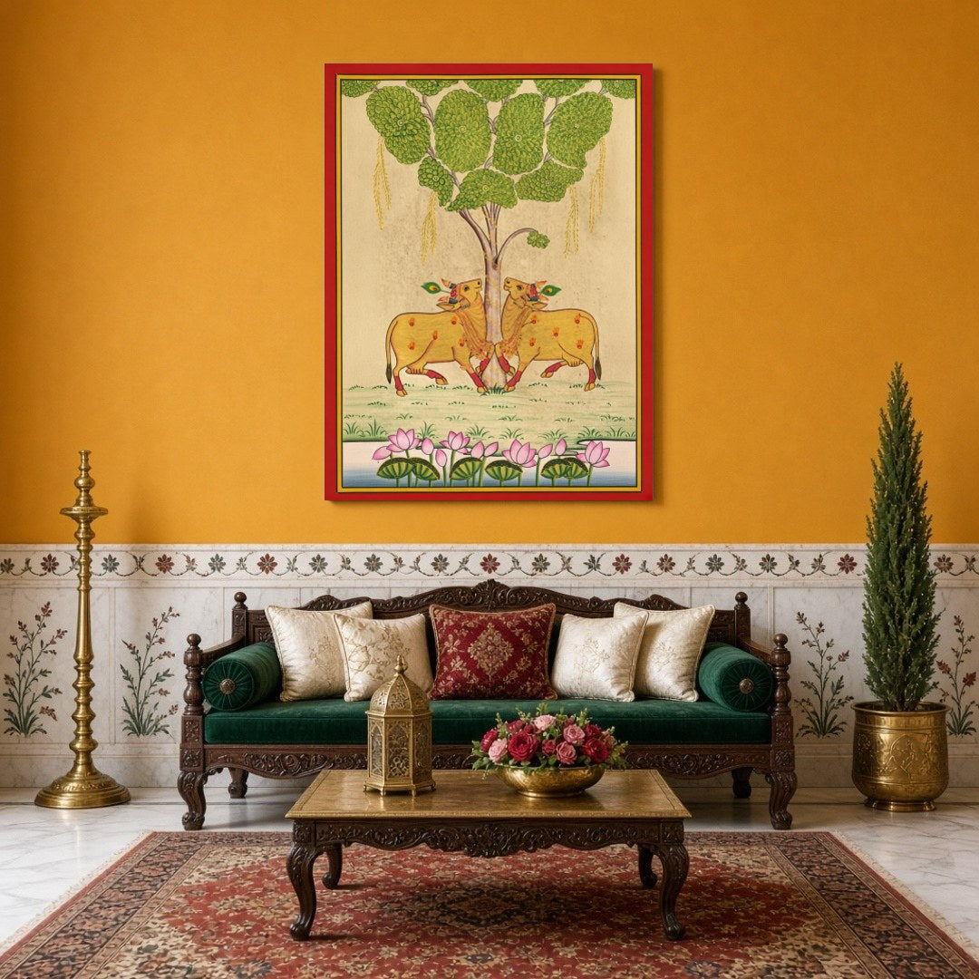 Embrace the elegance of traditional Pichwai art with this exquisite depiction of Kamdhenu cows for Sitting Area