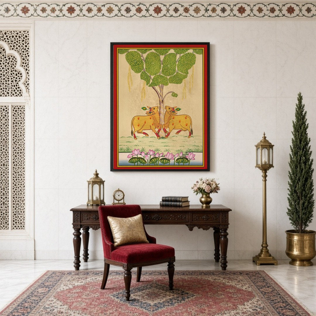 Embrace the elegance of traditional Pichwai art with this exquisite depiction of Kamdhenu cows for Study