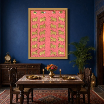 This exquisite Pichwai artwork captures a regal procession of golden Kamdhenu cows set against a for Dining