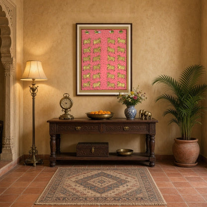 This exquisite Pichwai artwork captures a regal procession of golden Kamdhenu cows set against a for Entrance