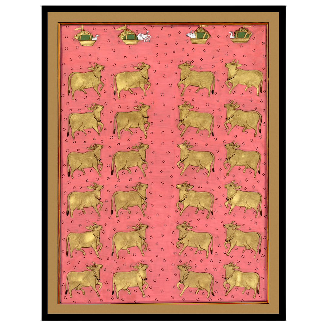 This exquisite Pichwai artwork captures a regal procession of golden Kamdhenu cows set against a for gallery