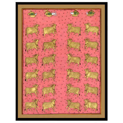 This exquisite Pichwai artwork captures a regal procession of golden Kamdhenu cows set against a for gallery
