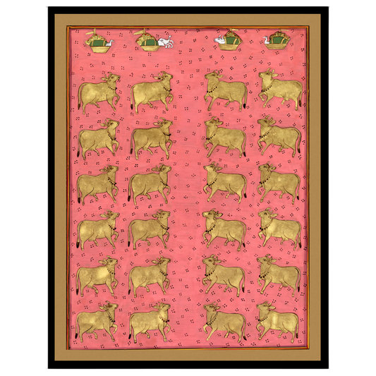 This exquisite Pichwai artwork captures a regal procession of golden Kamdhenu cows set against a for gallery
