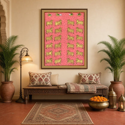 This exquisite Pichwai artwork captures a regal procession of golden Kamdhenu cows set against a for Hallway