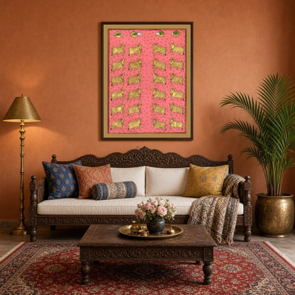 This exquisite Pichwai artwork captures a regal procession of golden Kamdhenu cows set against a for Living Room