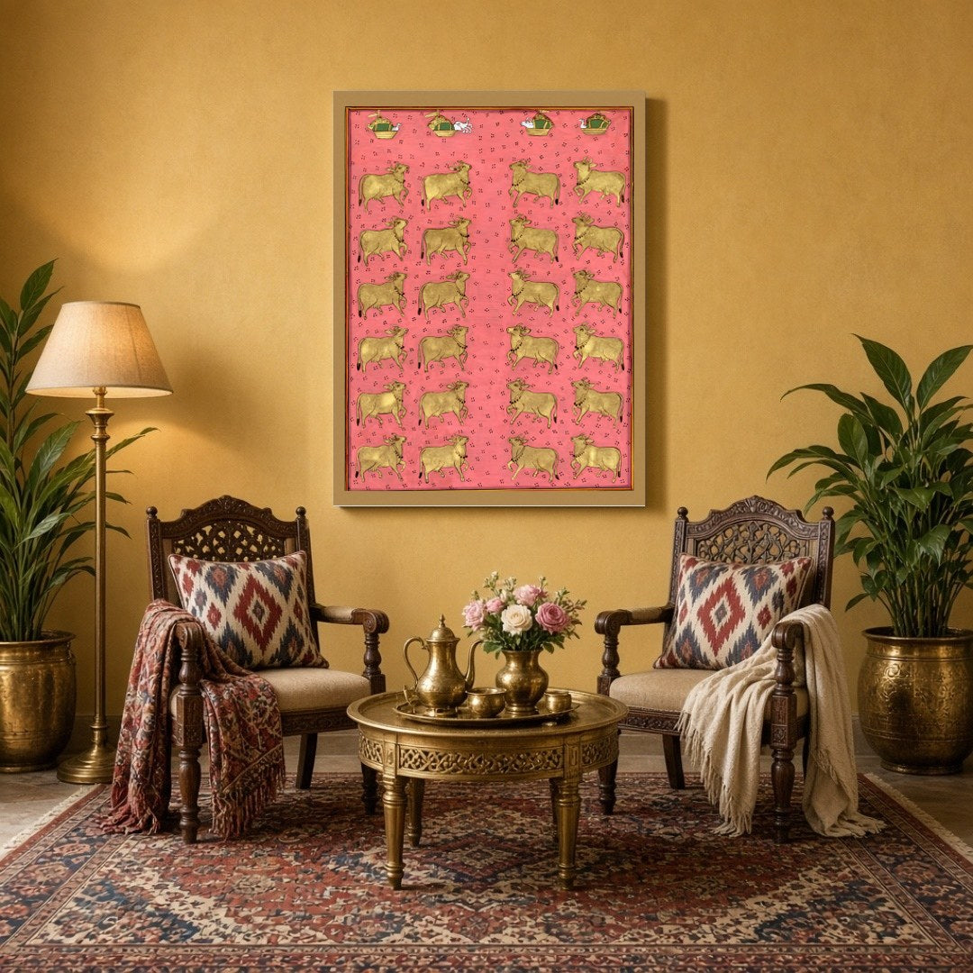 This exquisite Pichwai artwork captures a regal procession of golden Kamdhenu cows set against a for Sitting Area
