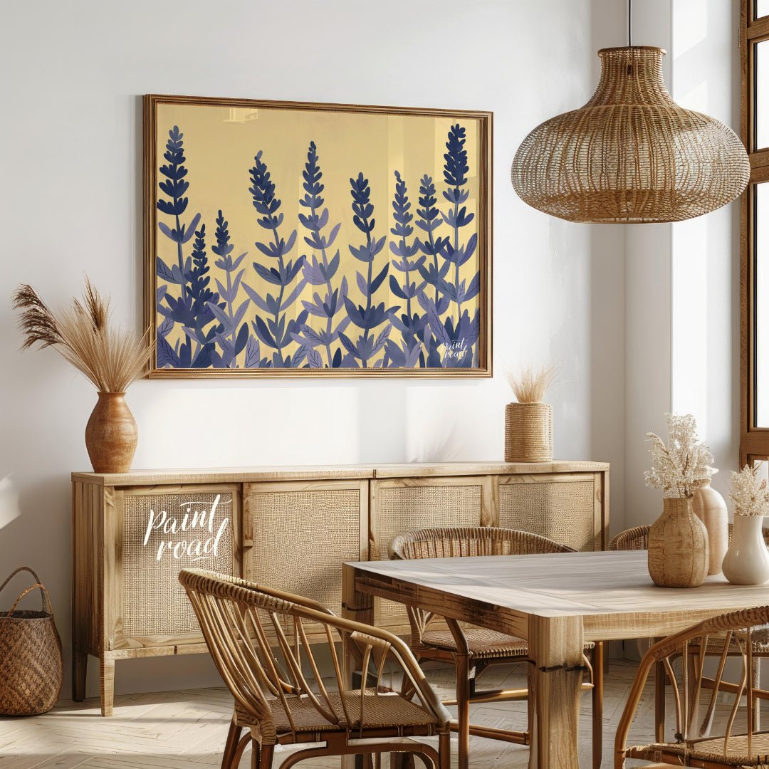 This charming digital illustration features stylized lavender sprigs in shades of deep blue and sof… for dining room