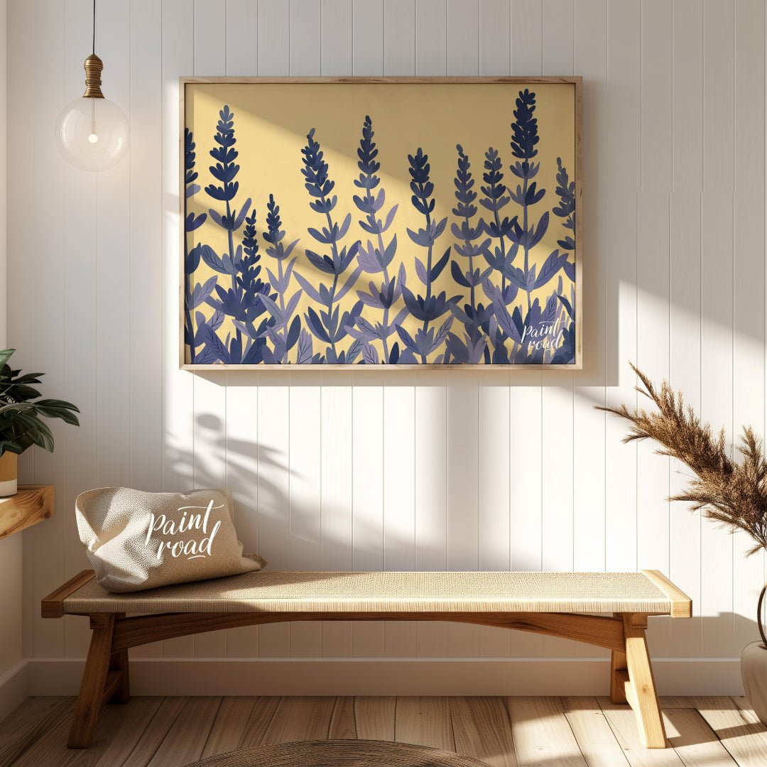 This charming digital illustration features stylized lavender sprigs in shades of deep blue and sof… for entryway