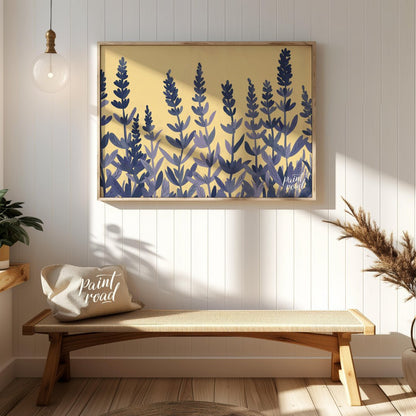 This charming digital illustration features stylized lavender sprigs in shades of deep blue and sof… for entryway