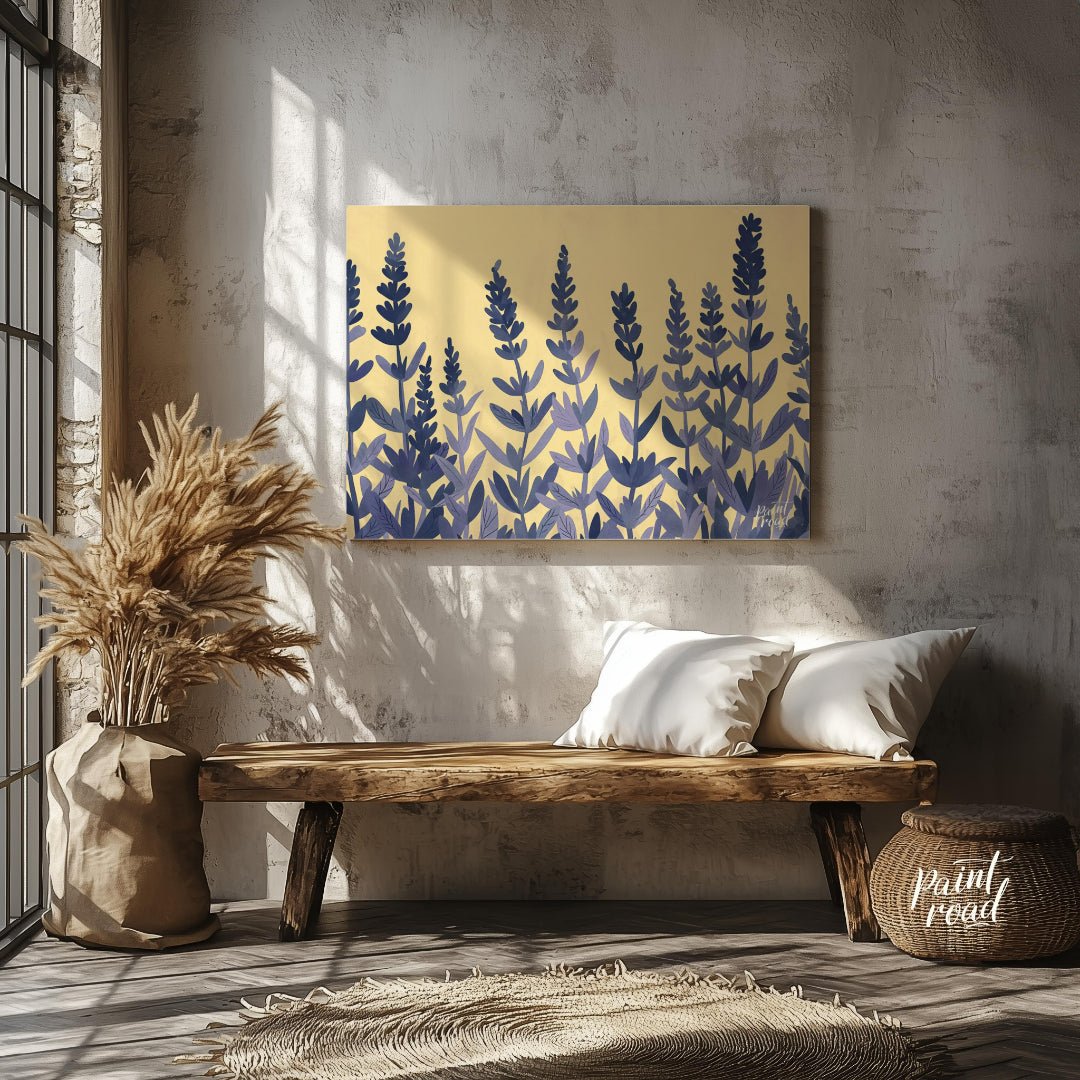 This charming digital illustration features stylized lavender sprigs in shades of deep blue and sof… for entryway
