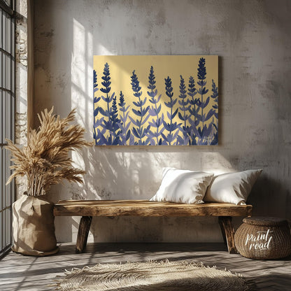 This charming digital illustration features stylized lavender sprigs in shades of deep blue and sof… for entryway