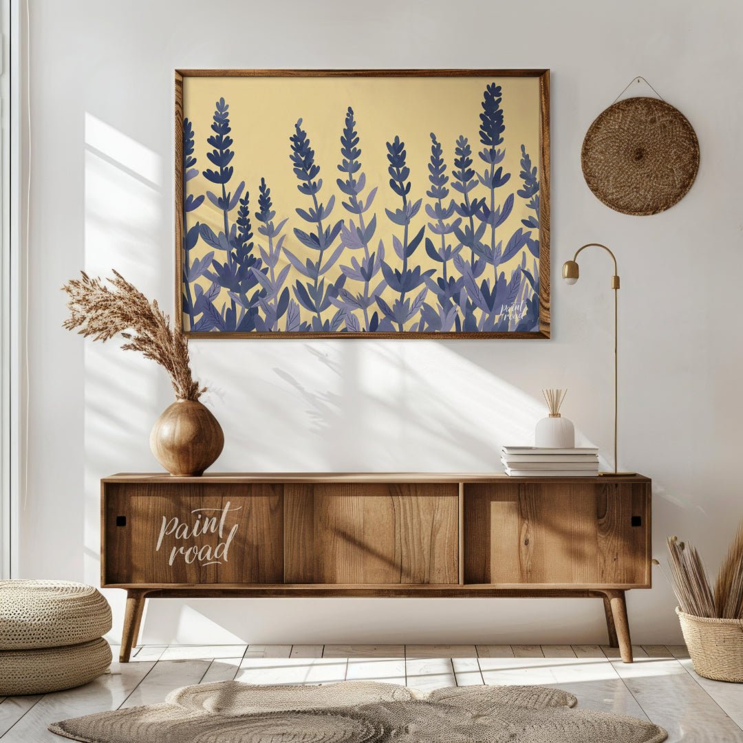 This charming digital illustration features stylized lavender sprigs in shades of deep blue and sof… for living room