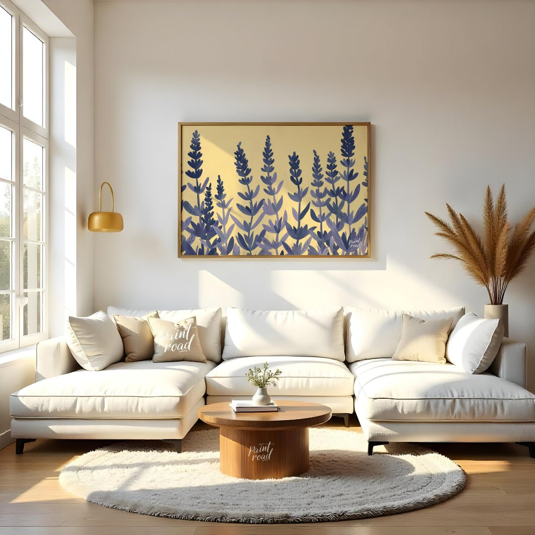 This charming digital illustration features stylized lavender sprigs in shades of deep blue and sof… for living room