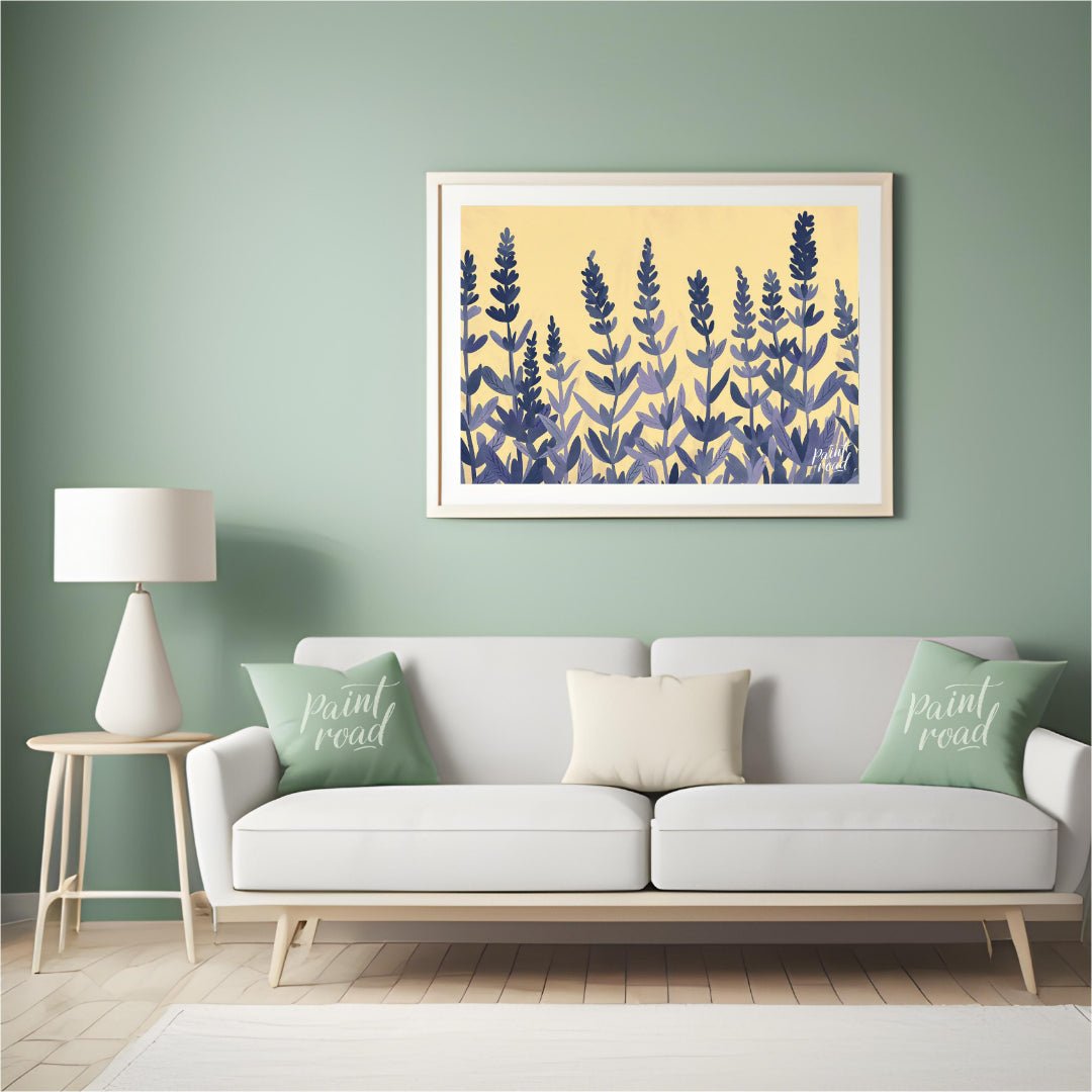 This charming digital illustration features stylized lavender sprigs in shades of deep blue and sof… for living room