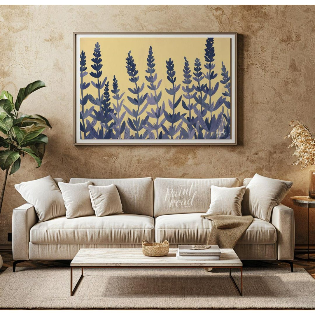 This charming digital illustration features stylized lavender sprigs in shades of deep blue and sof… for living room