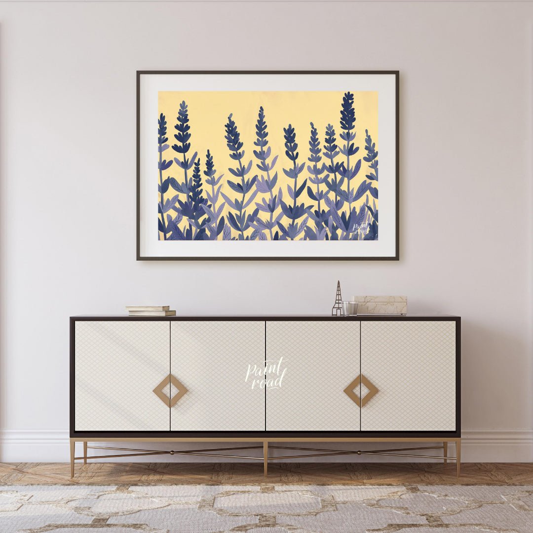 This charming digital illustration features stylized lavender sprigs in shades of deep blue and sof… for living room