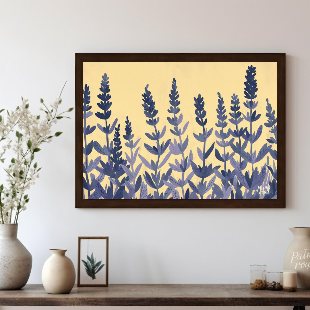 This charming digital illustration features stylized lavender sprigs in shades of deep blue and sof… for living room