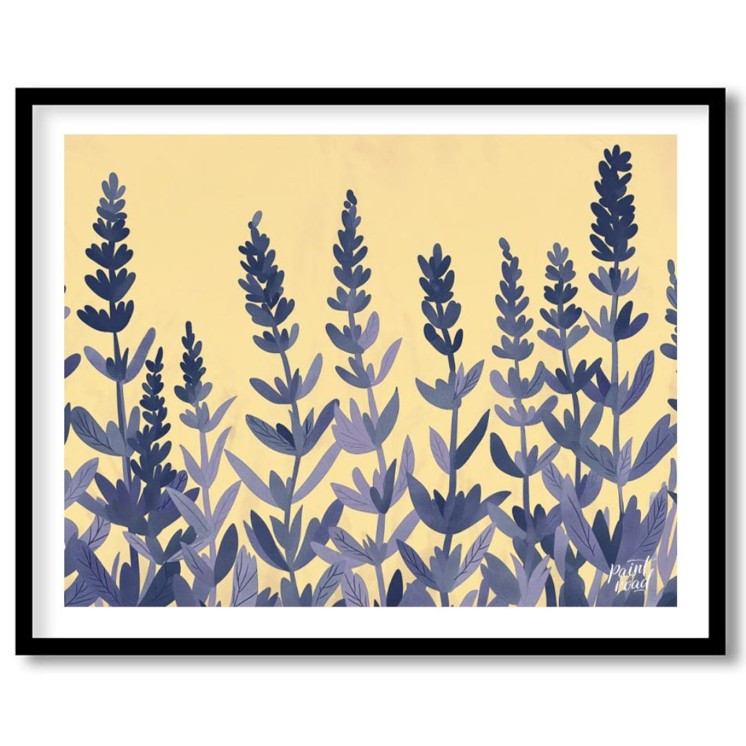 This charming digital illustration features stylized lavender sprigs in shades of deep blue and sof… for space