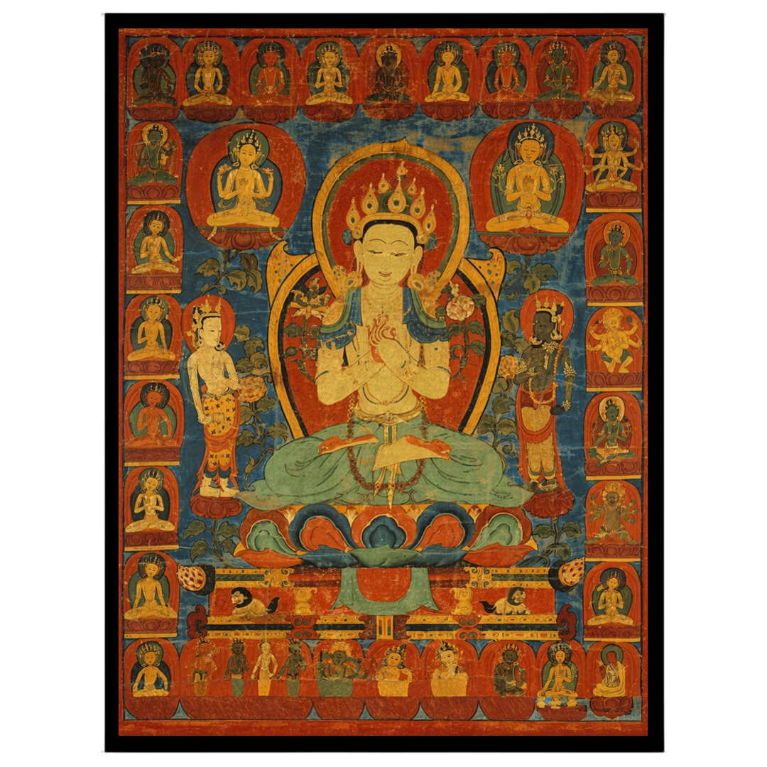 This captivating Thangka art piece beautifully depicts the Golden Maitreya, the Future Buddha, for area
