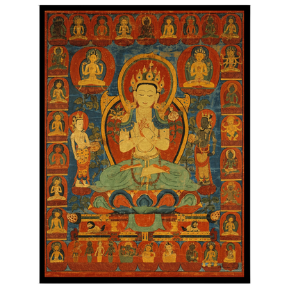 This captivating Thangka art piece beautifully depicts the Golden Maitreya, the Future Buddha, for area