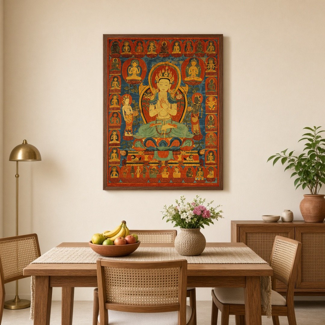 This captivating Thangka art piece beautifully depicts the Golden Maitreya, the Future Buddha, for Dining