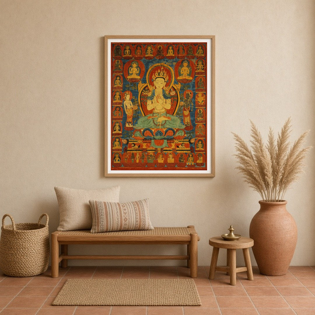 This captivating Thangka art piece beautifully depicts the Golden Maitreya, the Future Buddha, for Entrance