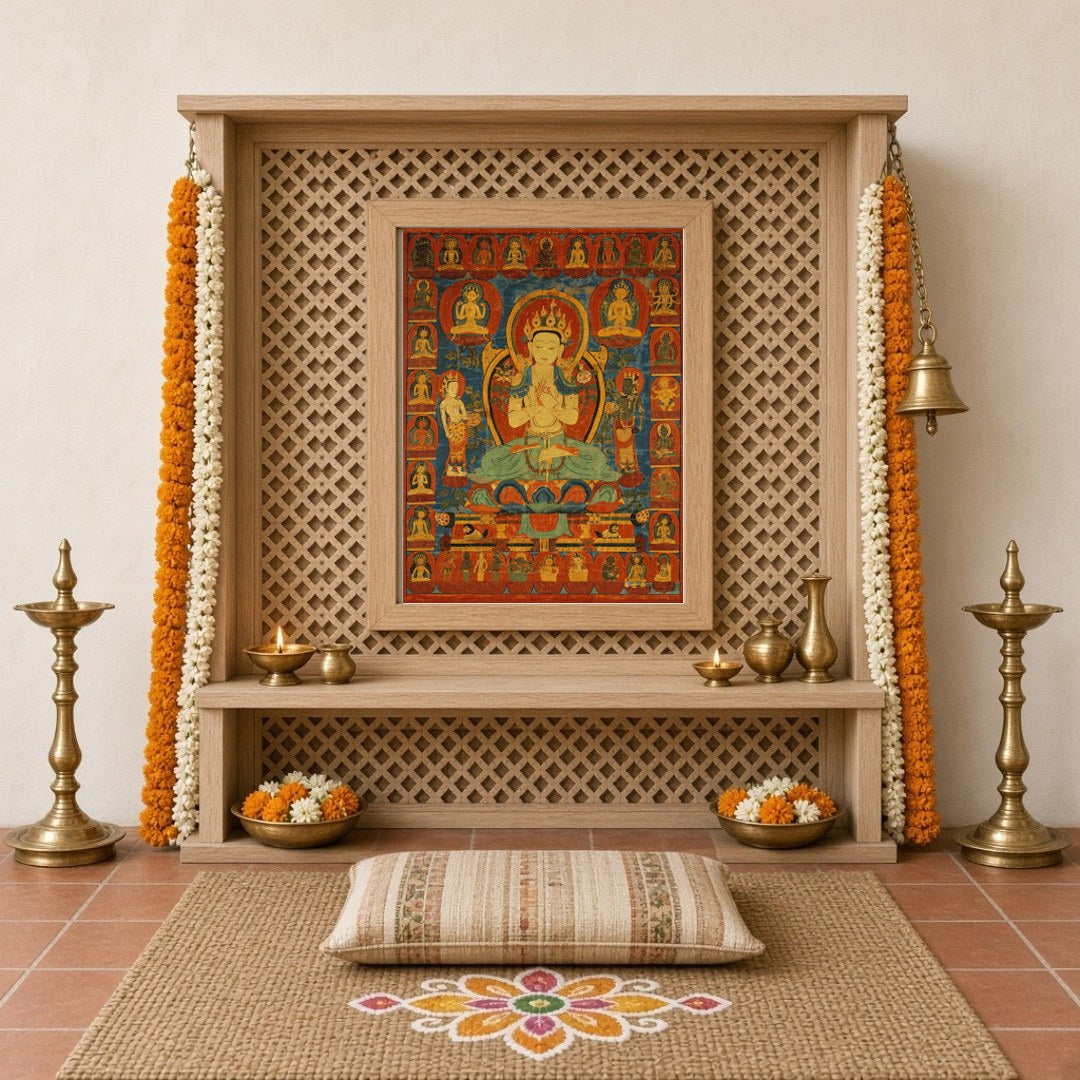 This captivating Thangka art piece beautifully depicts the Golden Maitreya, the Future Buddha, for Home Temple