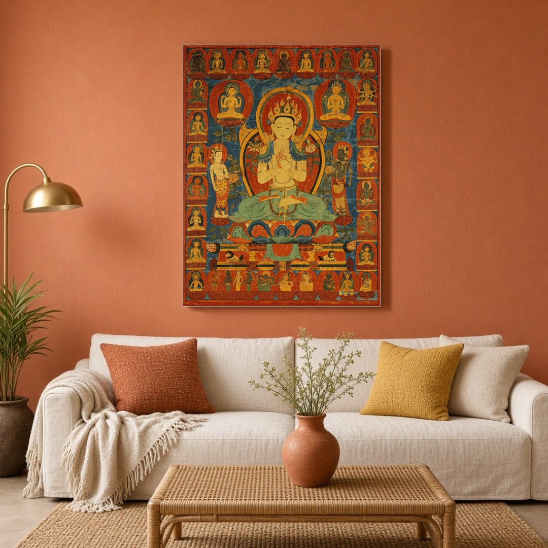 This captivating Thangka art piece beautifully depicts the Golden Maitreya, the Future Buddha, for Living Room
