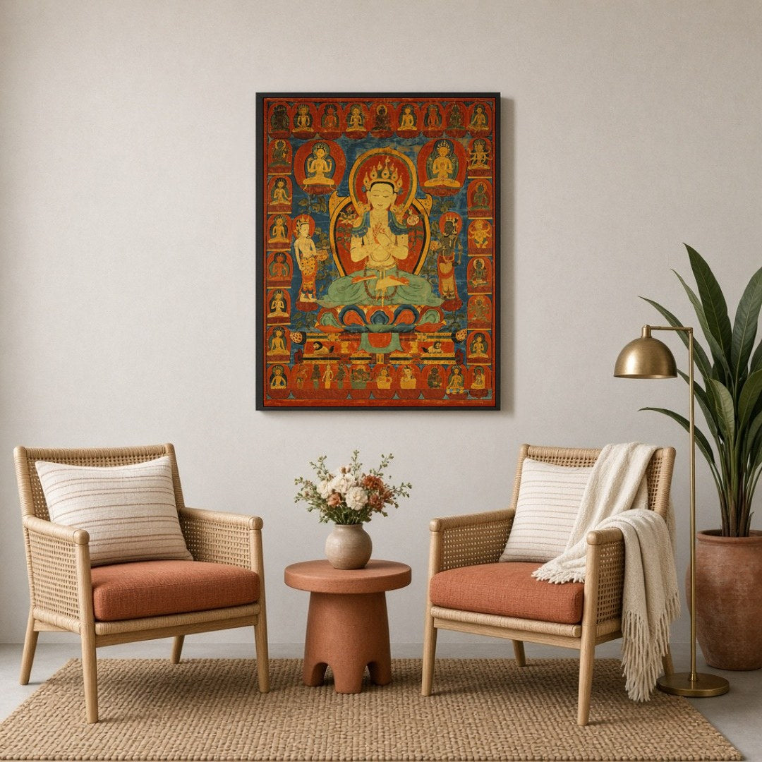 This captivating Thangka art piece beautifully depicts the Golden Maitreya, the Future Buddha, for Sitting Lounge