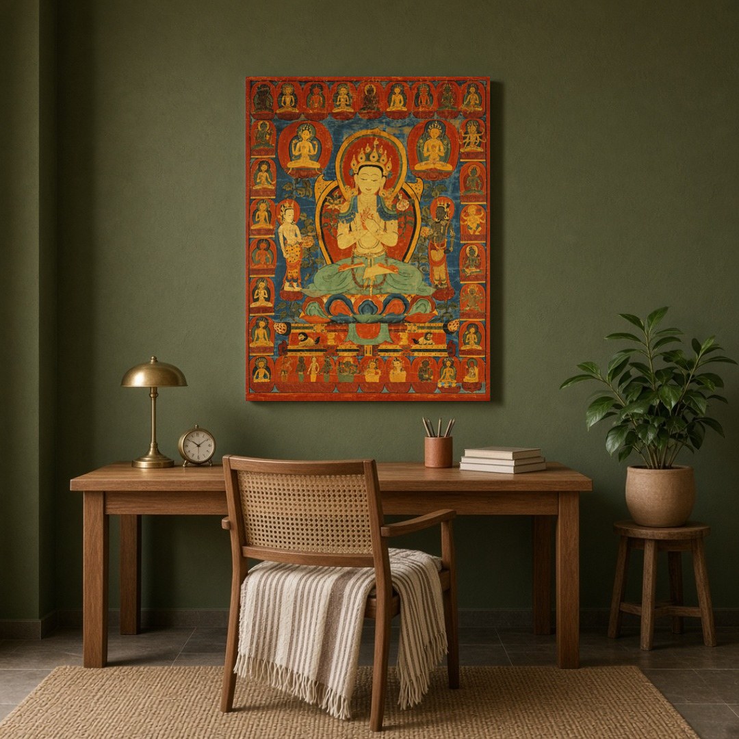 This captivating Thangka art piece beautifully depicts the Golden Maitreya, the Future Buddha, for Study
