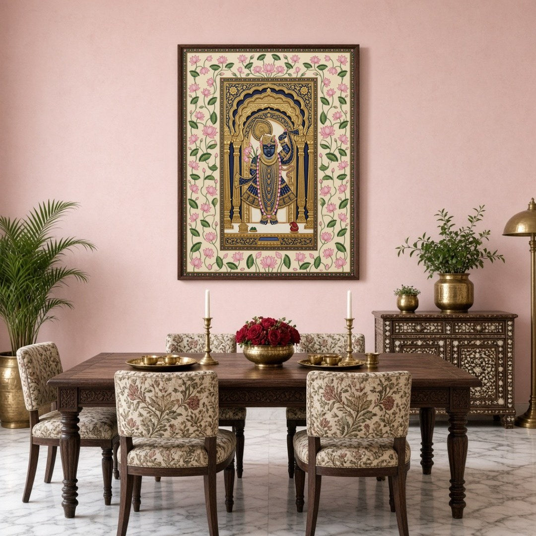 Experience the divine elegance of Shrinathji captured in regal attire, beautifully framed within for Dining