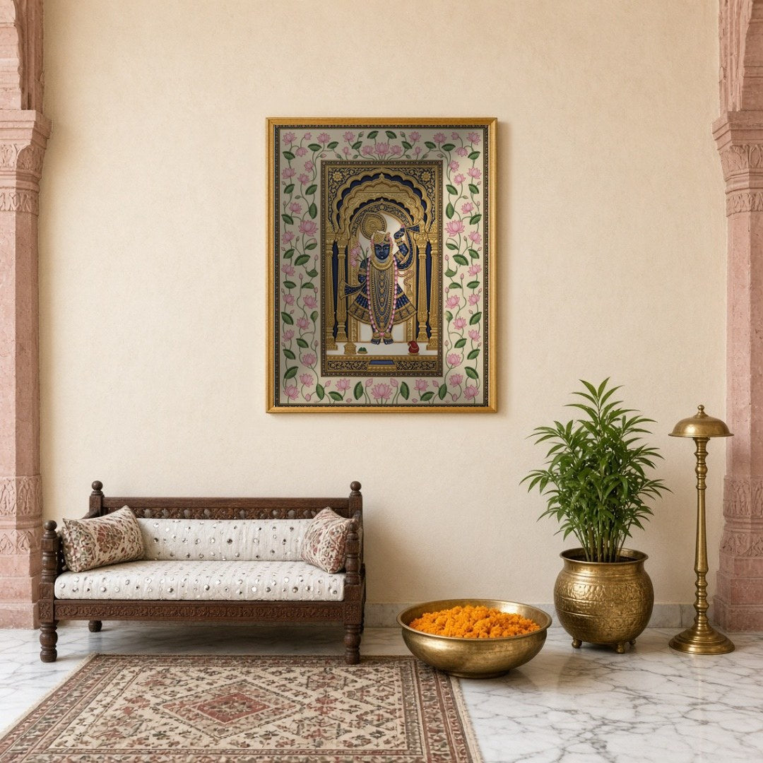 Experience the divine elegance of Shrinathji captured in regal attire, beautifully framed within for Entrance